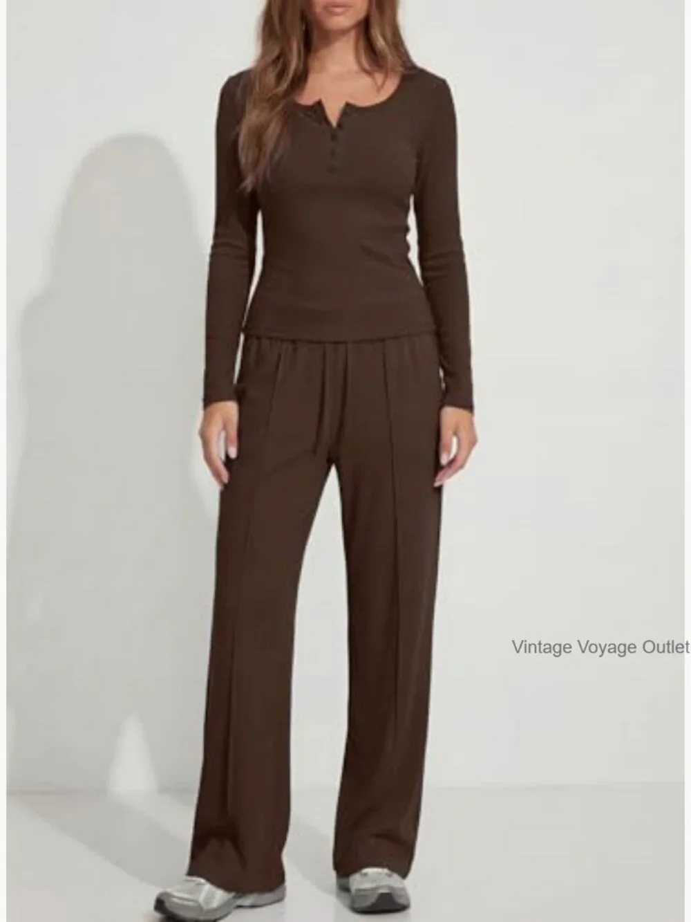 2 Piece Lounge Set Long Sleeve Henley Wide Leg Pants Travel Outfit - Picture 4 of 7